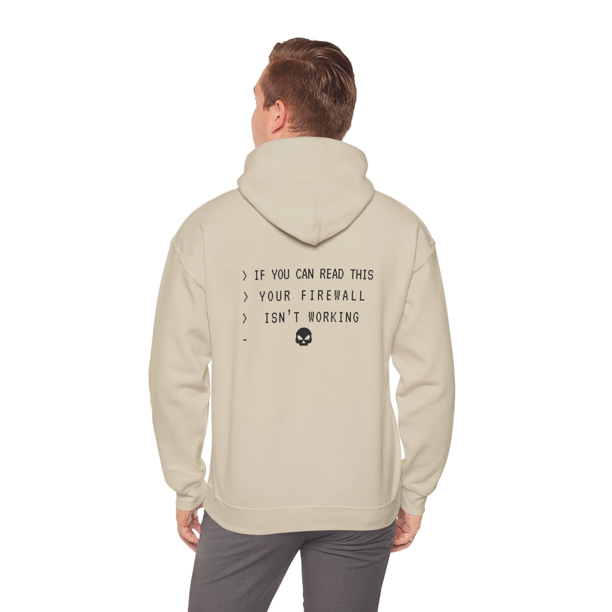 Sand-colored cybersecurity hoodie with a firewall error message. Perfect for IT and security pros