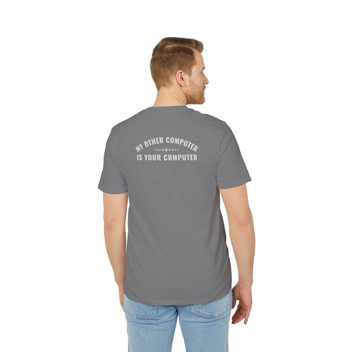 Man wearing a gray t-shirt with text on the back, standing against a white background