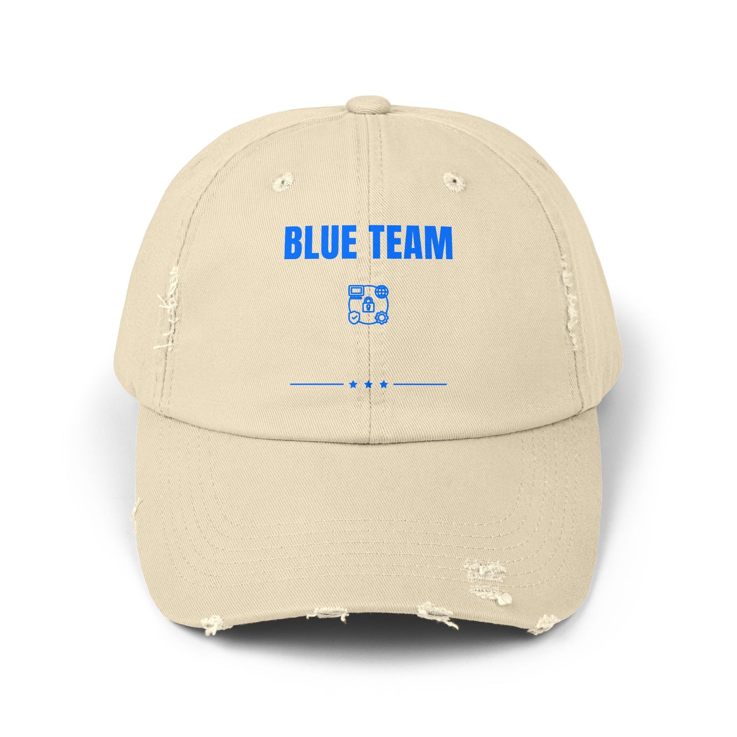 Stone Blue Team cap – Cybersecurity-themed distressed hat for SOC teams, IT pros, and ethical hackers