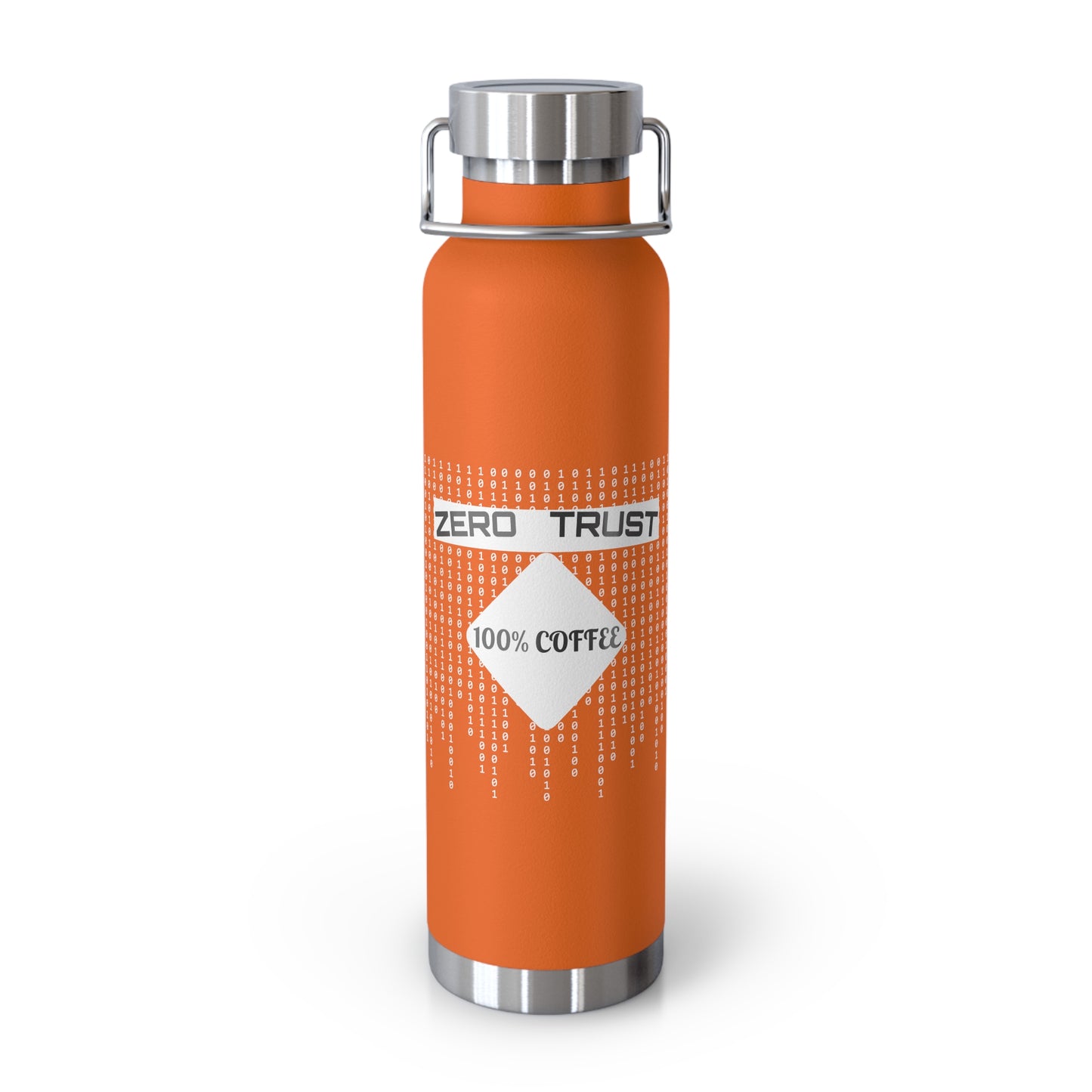 Orange insulated bottle with "Zero-Trust, 100% Coffee" slogan. Leak-proof flask for cybersecurity pros