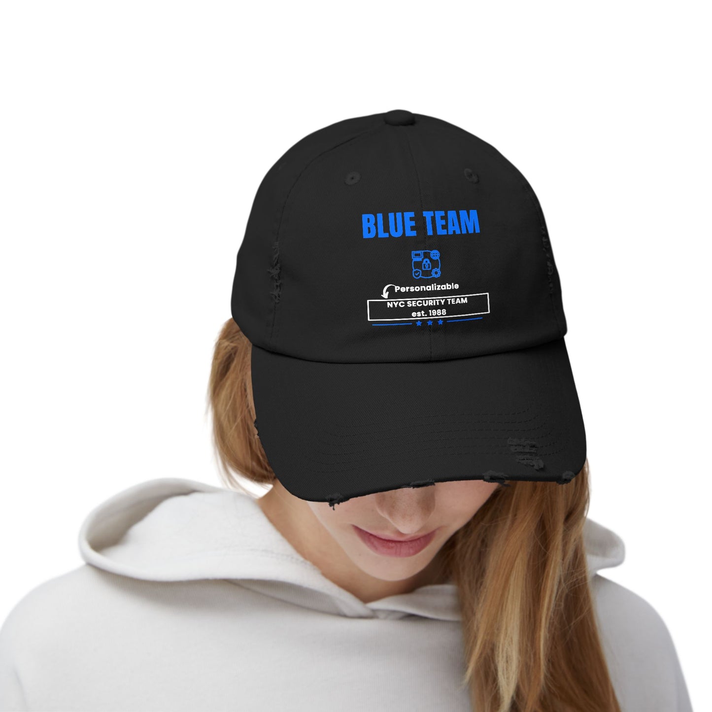 Black distressed Blue Team hat – Custom cap for cybersecurity analysts, IT engineers, and security experts