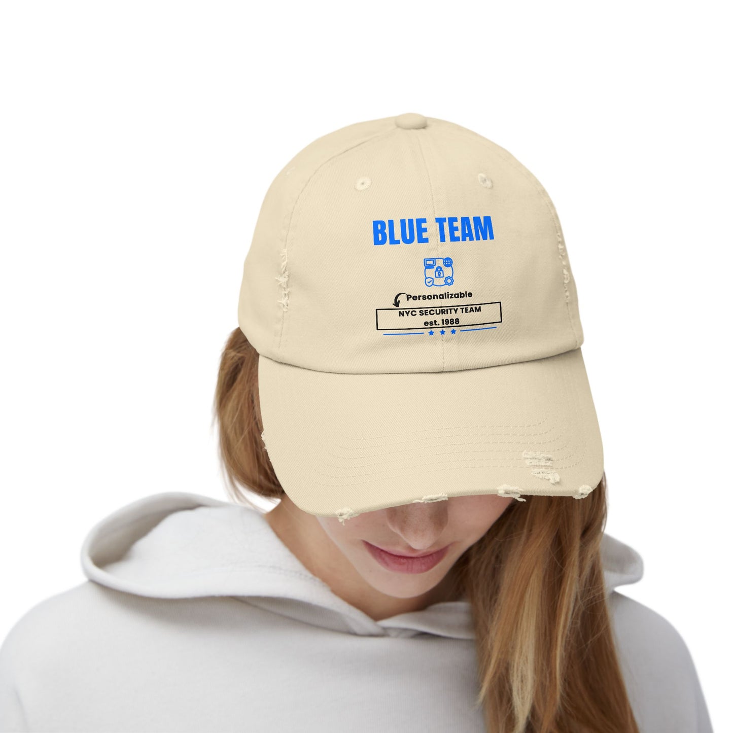 Side view of stone Blue Team cap – Distressed cybersecurity hat for ethical hackers and security professionals