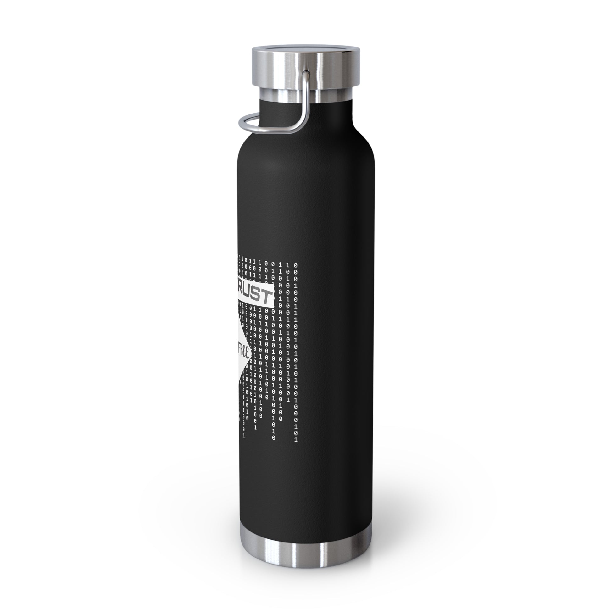 side view of black insulated bottle with spill-resistant lid. Designed for cybersecurity analysts