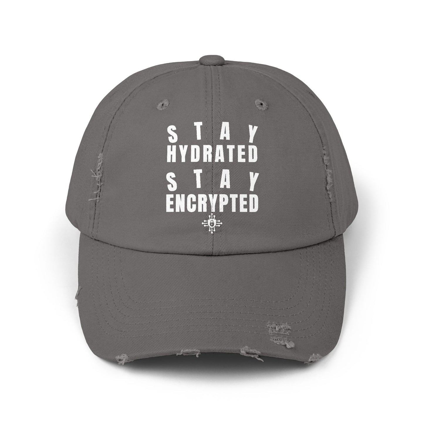 Front view of navy Stay Hydrated, Stay Encrypted IT hat