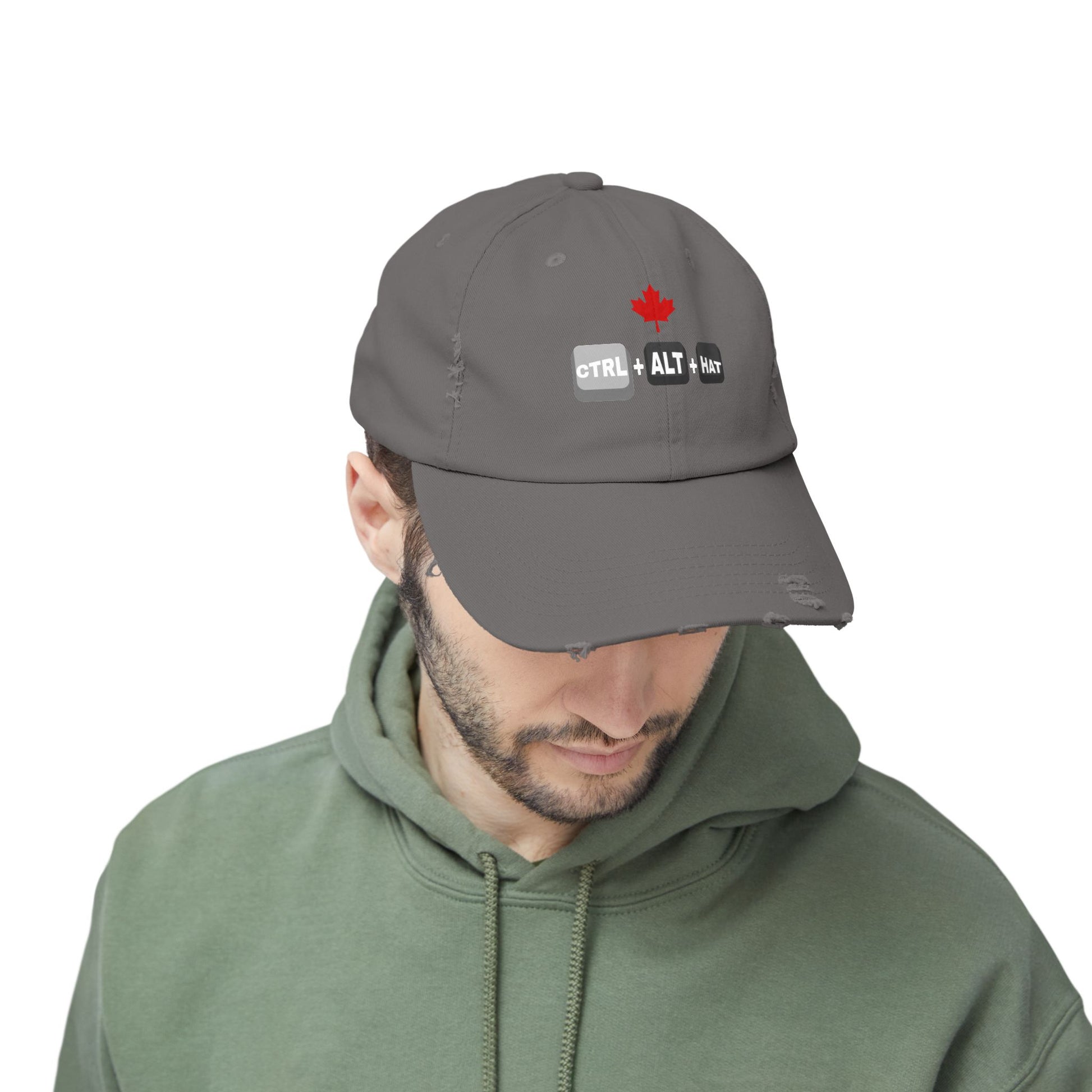 Nickel gray distressed dad hat with "Ctrl + Alt + Hat" and Canadian Flag – a fun, vintage-style IT pro cap for system admins and developers