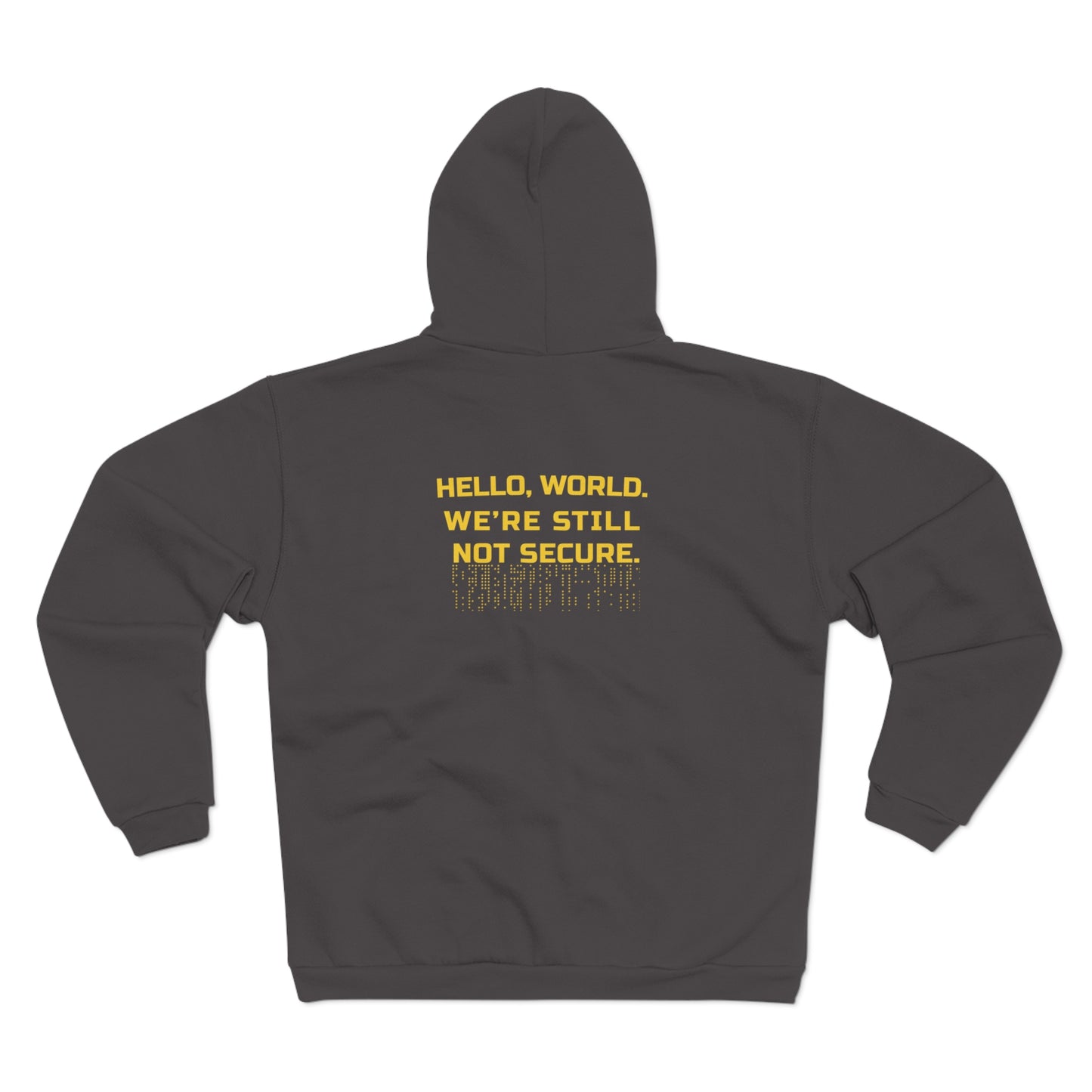 Dark gray hoodie with yellow text on the back on a white background