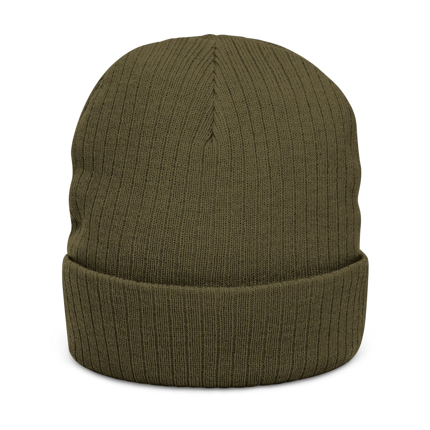 Olive green knit beanie on a white background