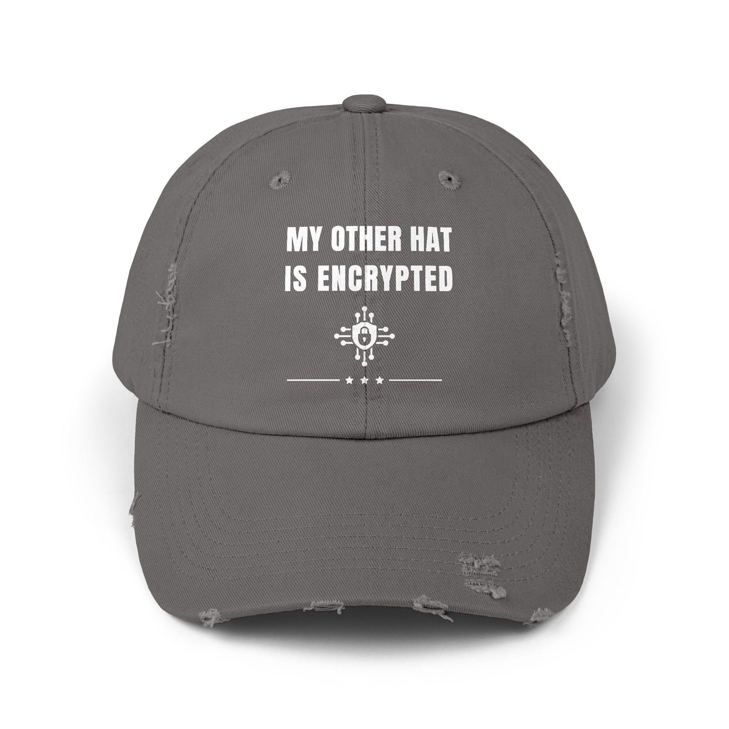 Nickel distressed 'My Other Hat is Encrypted' cap – Cybersecurity humor hat for IT pros, ethical hackers, and security engineers.