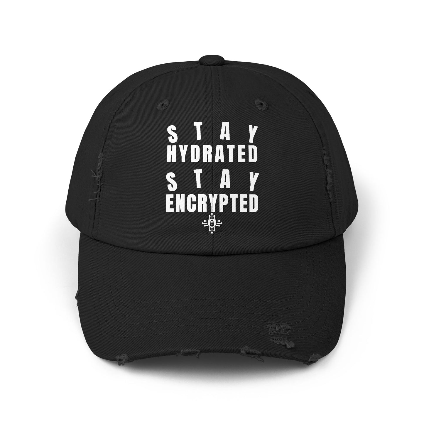 Front view of black Stay Hydrated, Stay Encrypted tech hat