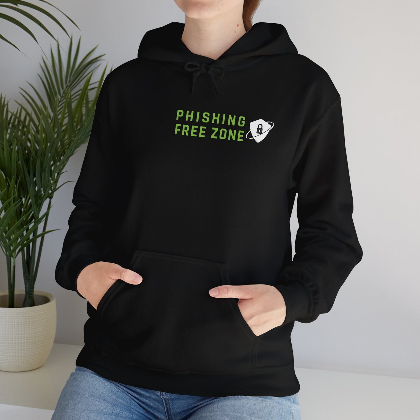 Black hacker-style hoodie with cybersecurity slogan. Designed for IT admins and security analysts