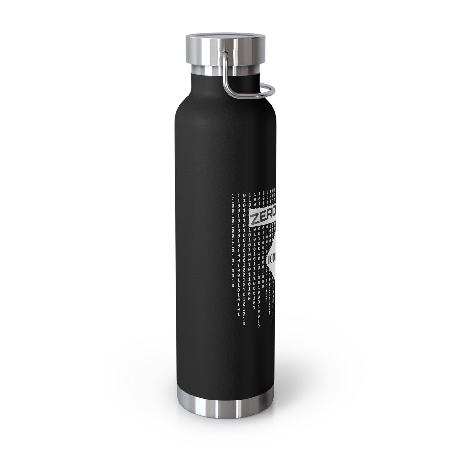 Side profile of black 22oz insulated bottle. Copper insulation keeps drinks hot or cold for IT professionals