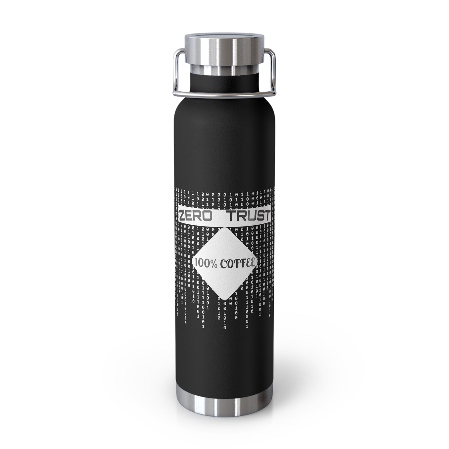 Black insulated bottle with "Zero-Trust, 100% Coffee" slogan. Leak-proof stainless steel flask for cyber pros