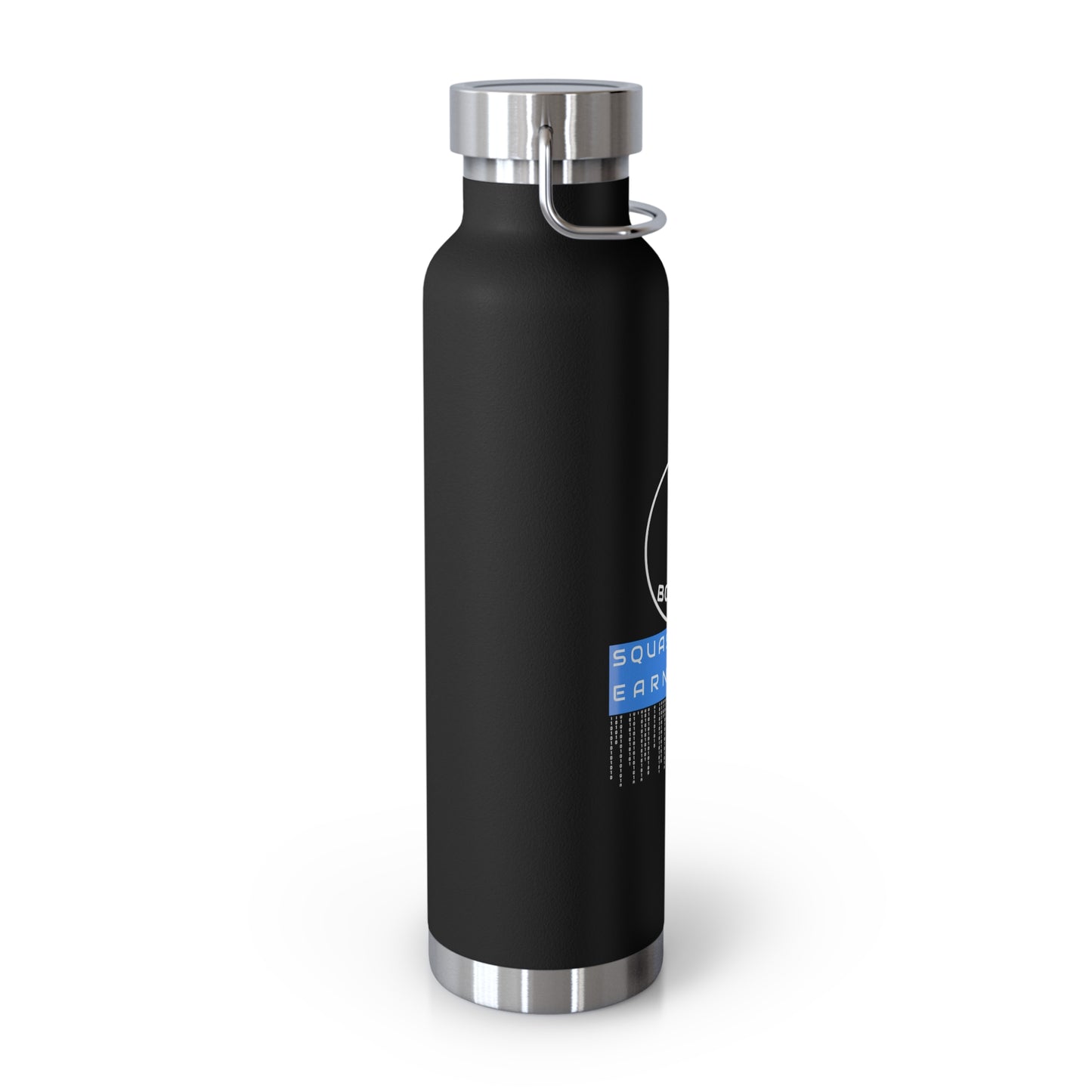 Side profile of black vacuum-insulated bottle. Keeps drinks hot or cold for cybersecurity professionals and tech enthusiasts