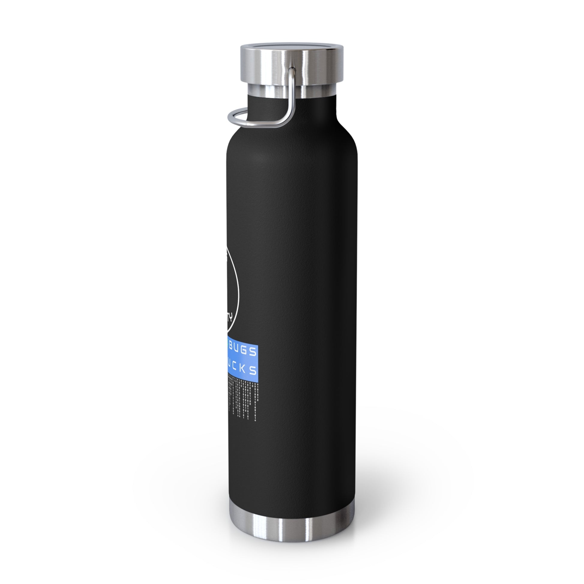 Angle view of black insulated bottle with leak-proof lid. A must-have for ethical hackers, penetration testers, and IT admins