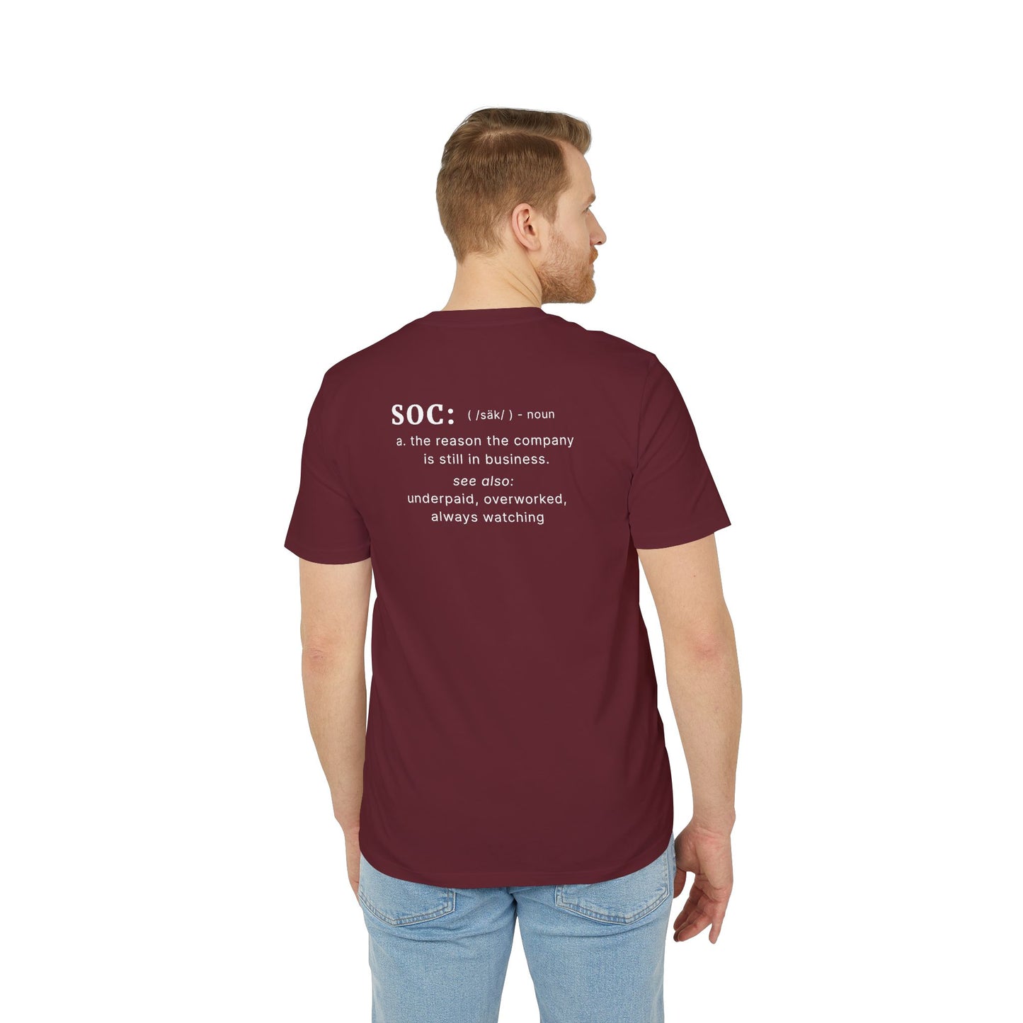 Man wearing a maroon t-shirt with text on the back, standing against a white background