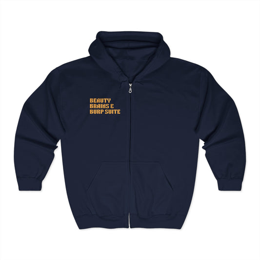 Flat lay of navy blue zip hoodie with "Beauty, Brains & Burp Suite" slogan for women in cybersecurity – front view.