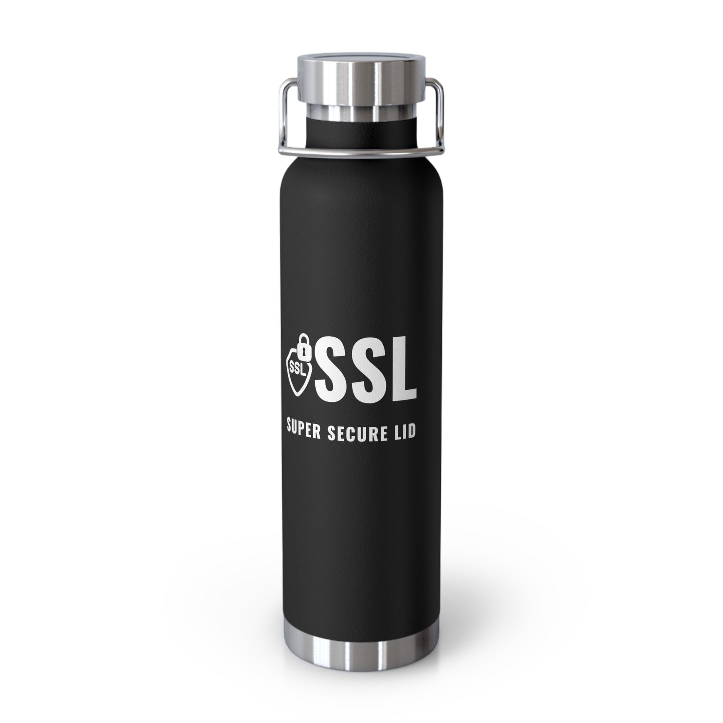 Black copper vacuum-insulated water bottle for hot and cold drinks – durable stainless steel with powder-coated finish, ideal for IT and cybersecurity professionals