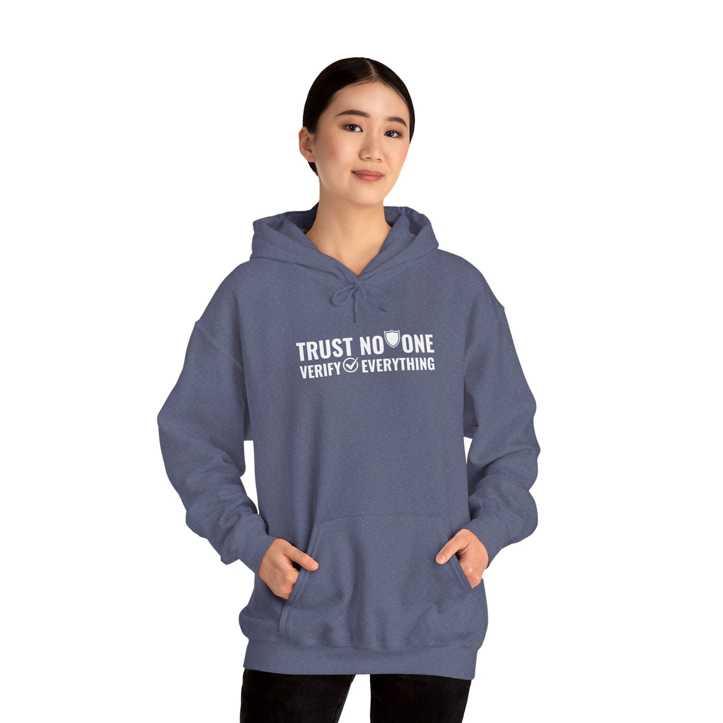 Heather Navy cybersecurity hoodie on model, 'Trust No One, Verify Everything' slogan, hacker-themed sweatshirt