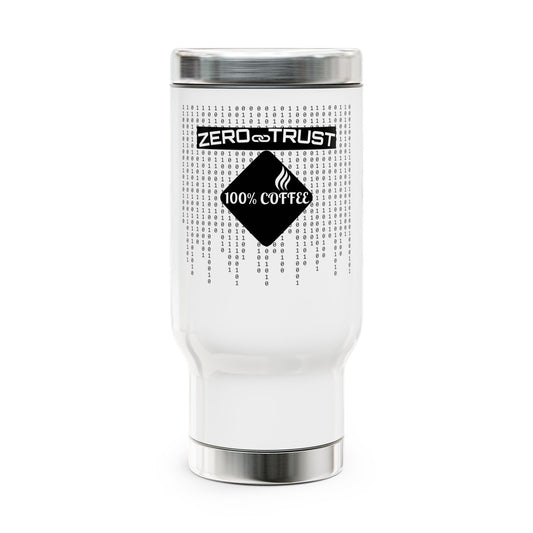 White insulated travel mug front view with "Zero-Trust, 100% Coffee" slogan for cybersecurity professionals