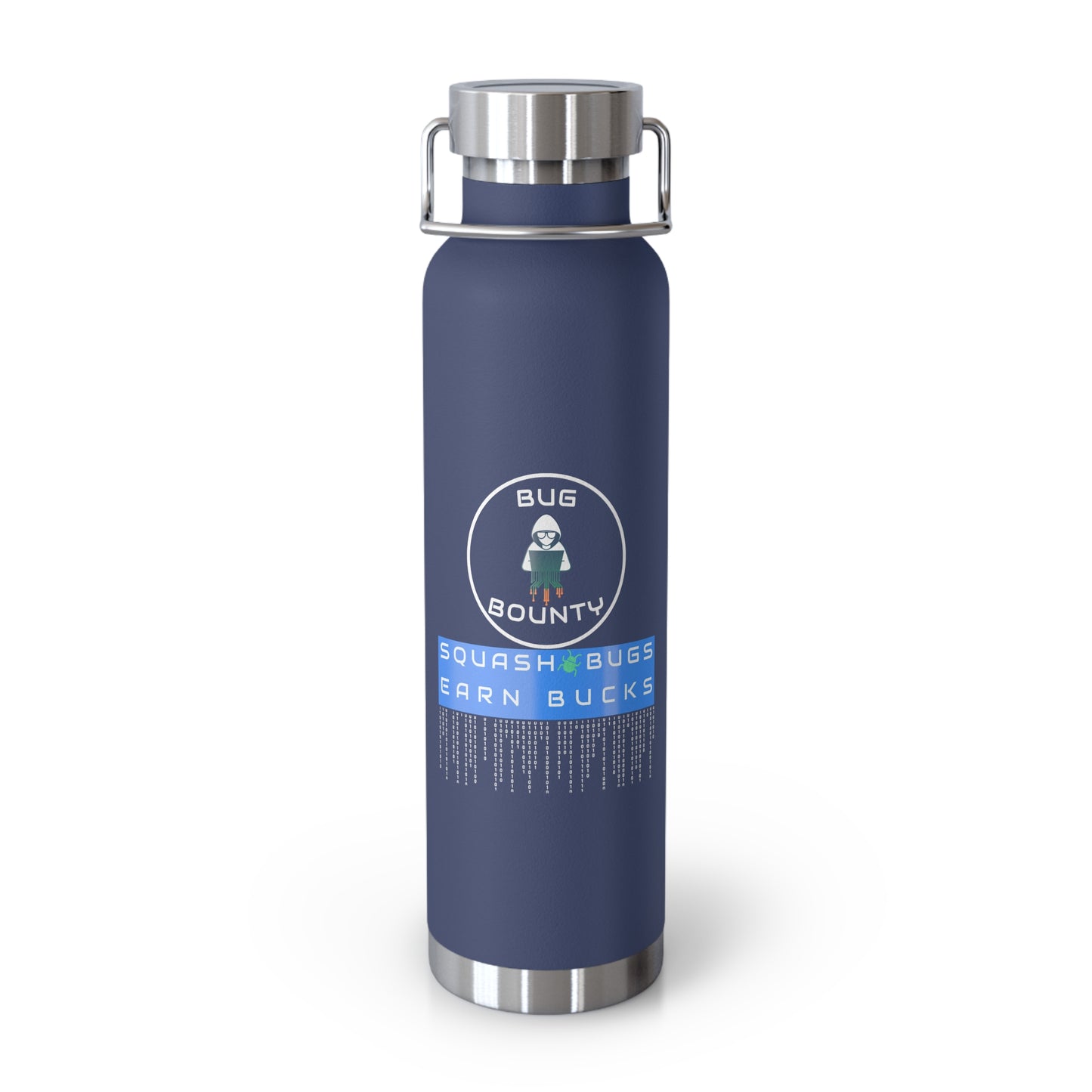 Navy blue insulated bottle with 'Bug Bounty' design. Great for cybersecurity professionals, IT specialists, and ethical hackers