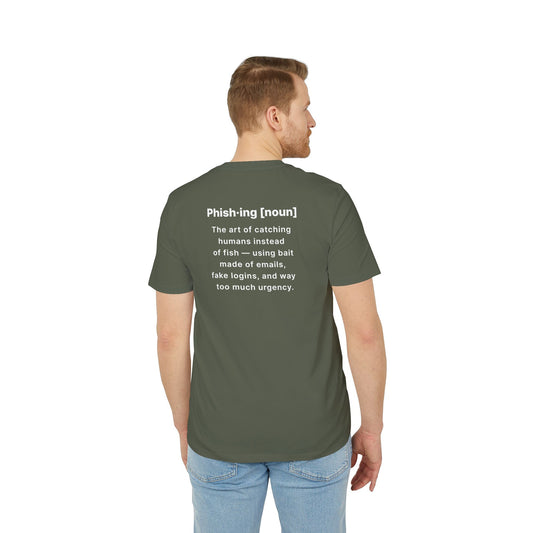 Person wearing a green t-shirt with a definition of 'phishing' on the back, on a white background