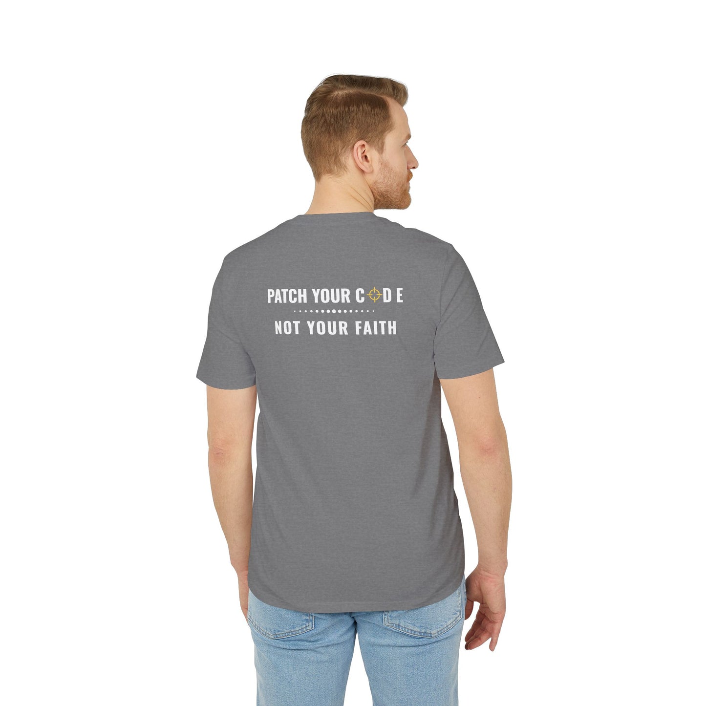 Man wearing a gray t-shirt with text on the back, standing against a white background