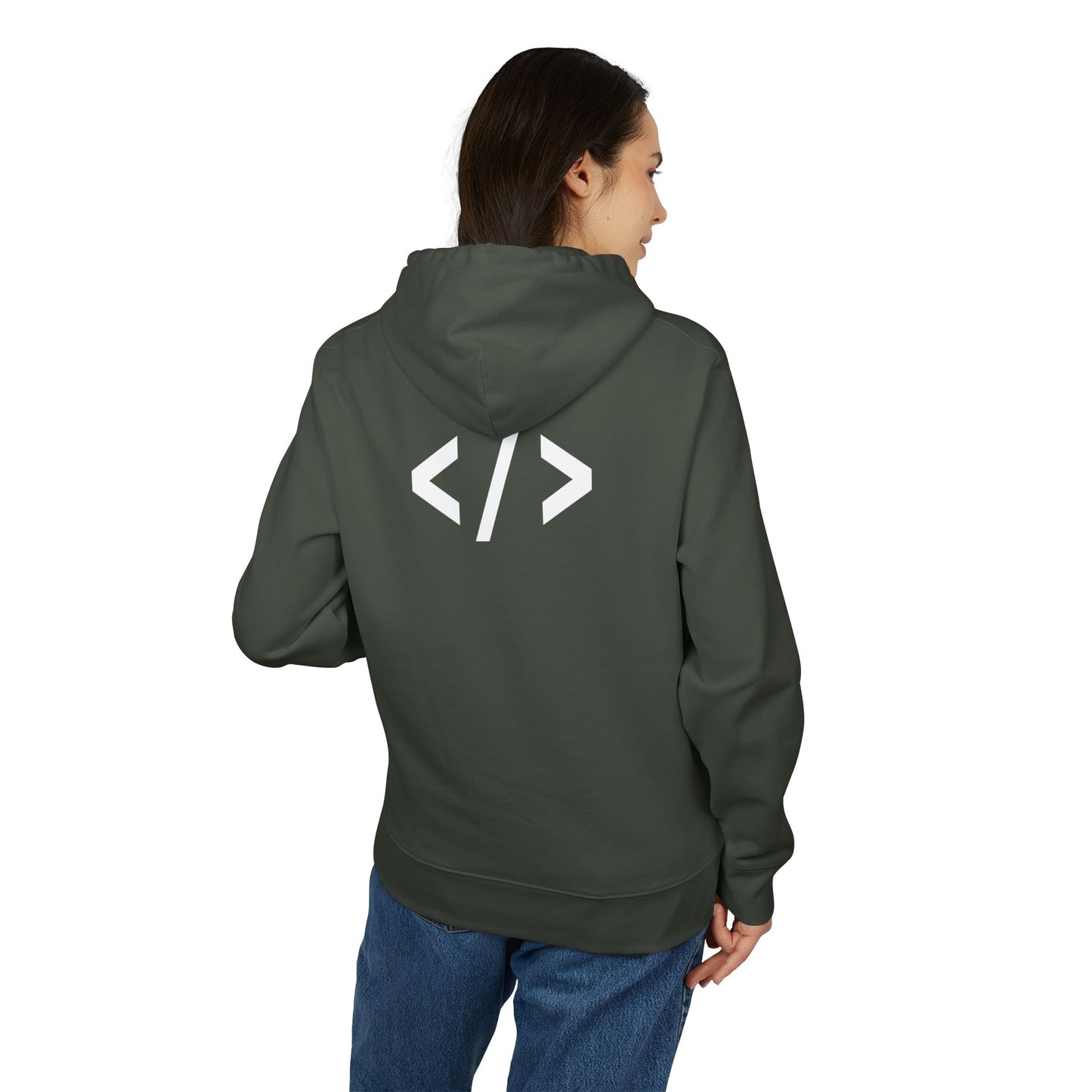 Person wearing a green hoodie with a white logo on the back, standing against a white background