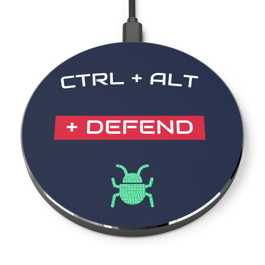 Front view of navy blue wireless charger with "Ctrl + Alt + Defend" slogan, 10W Qi fast-charging pad for cybersecurity pros