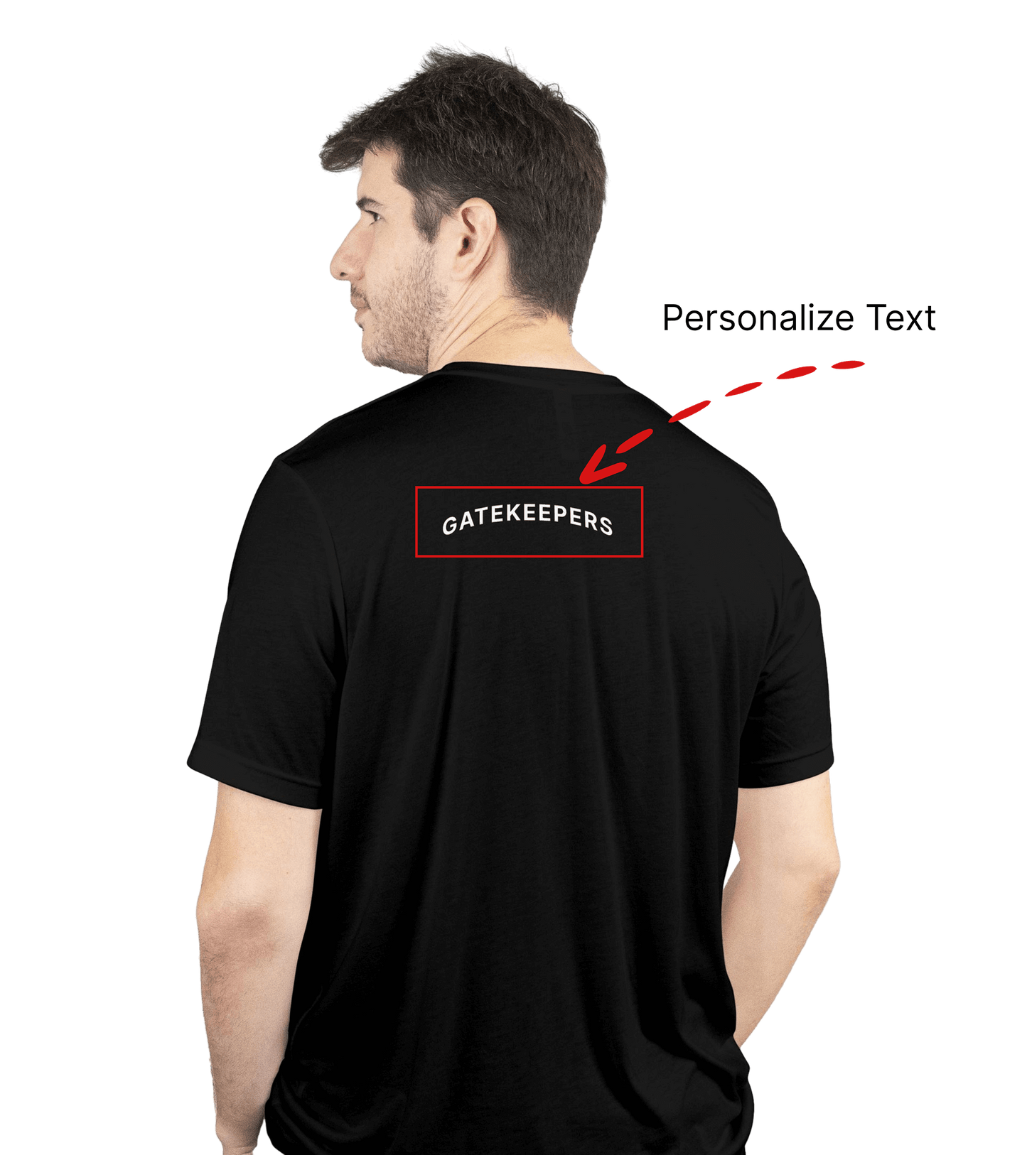 Person wearing a black t-shirt with 'GATEKEEPERS' printed on the back, against a black background.
