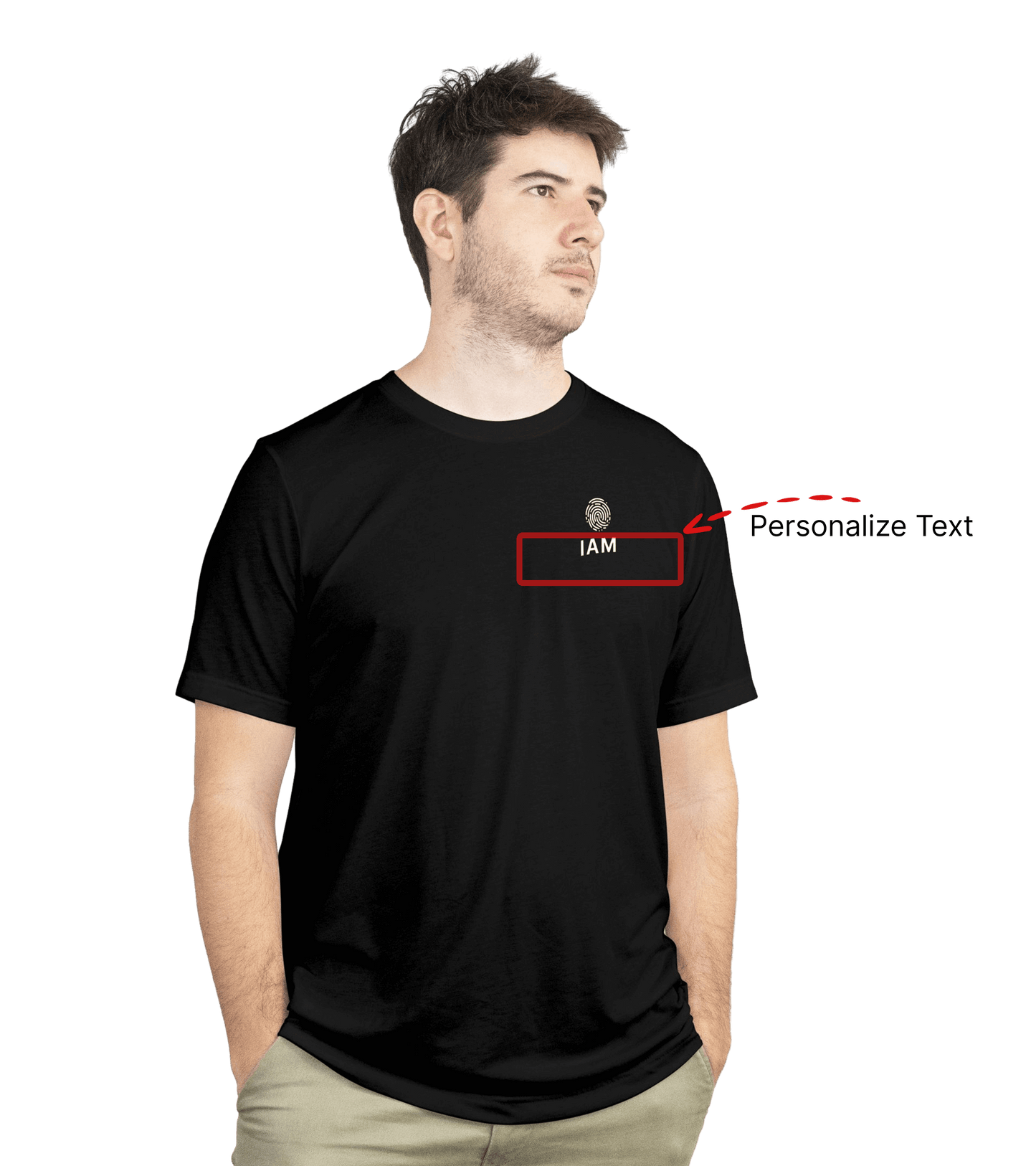 Person wearing a black t-shirt with a red and white logo and text on a black background