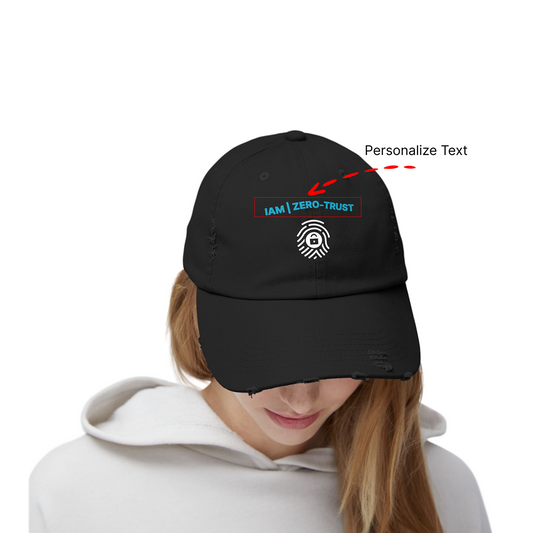 Person wearing a black cap with customizable text, and a logo, on a white background