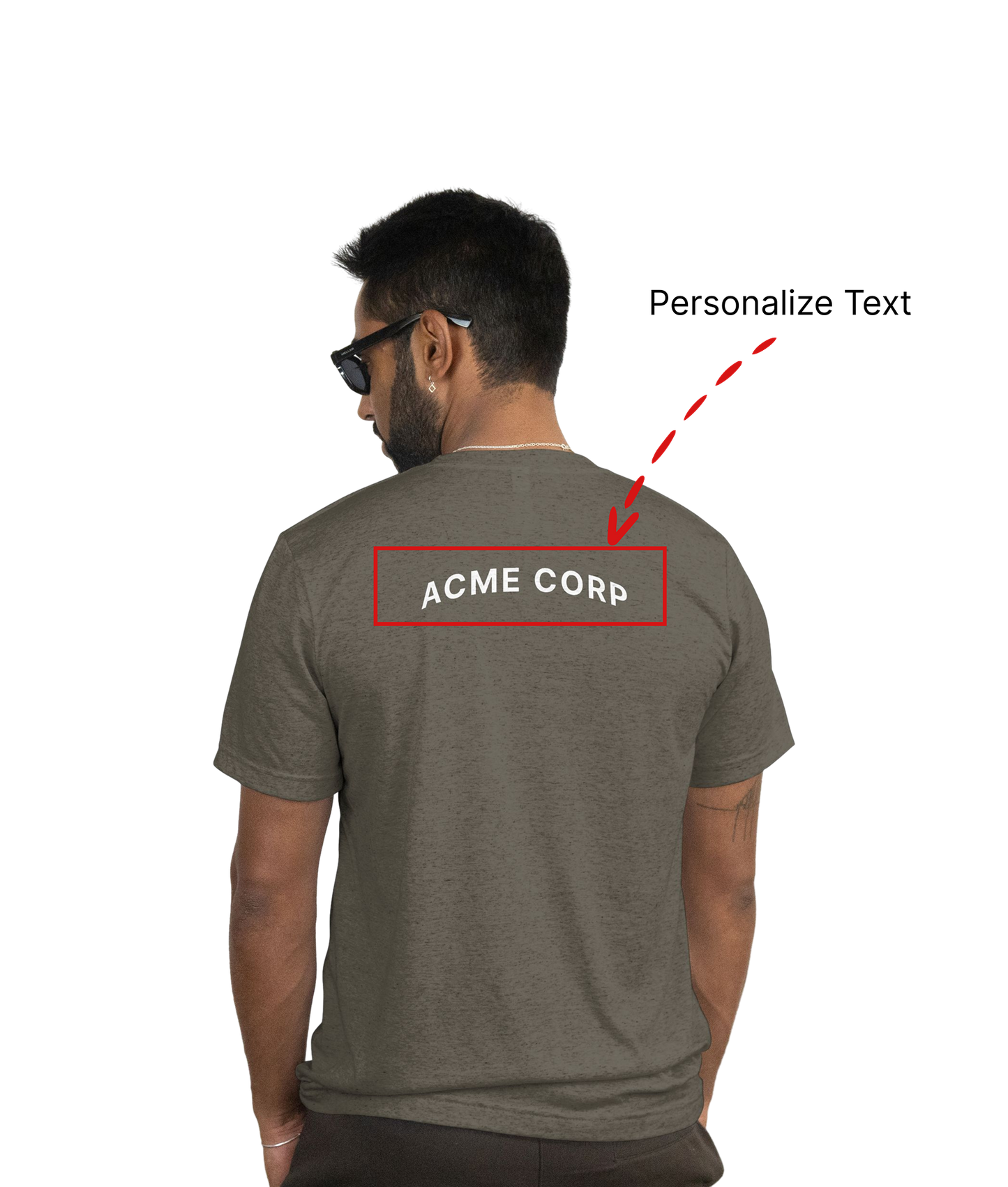 Man wearing a Army color t-shirt with 'ACME CORP' text on the back, against a white background.