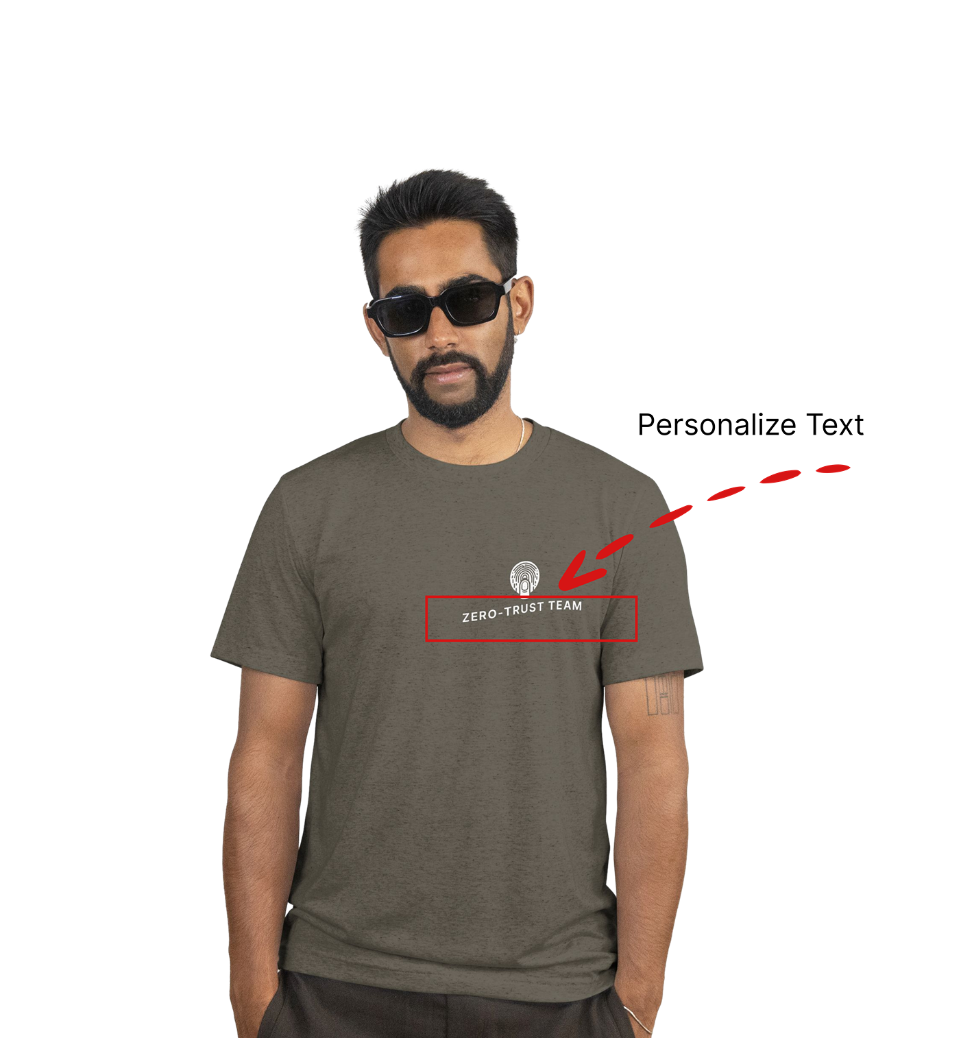 Man wearing a Army color t-shirt with 'Zero Trust Team' text and logo on a white background