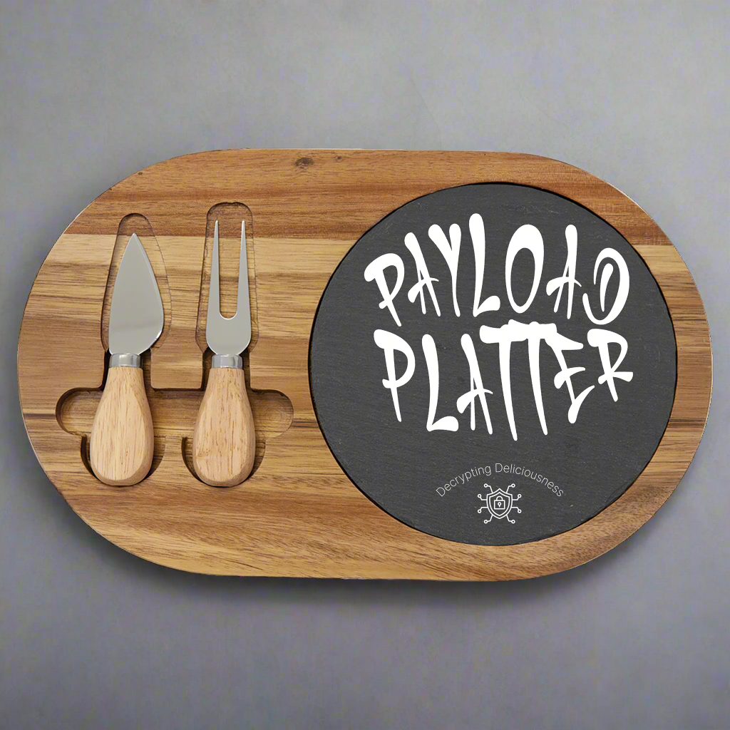 Wooden platter with 'Payload Platter' label and cheese tools on a white background