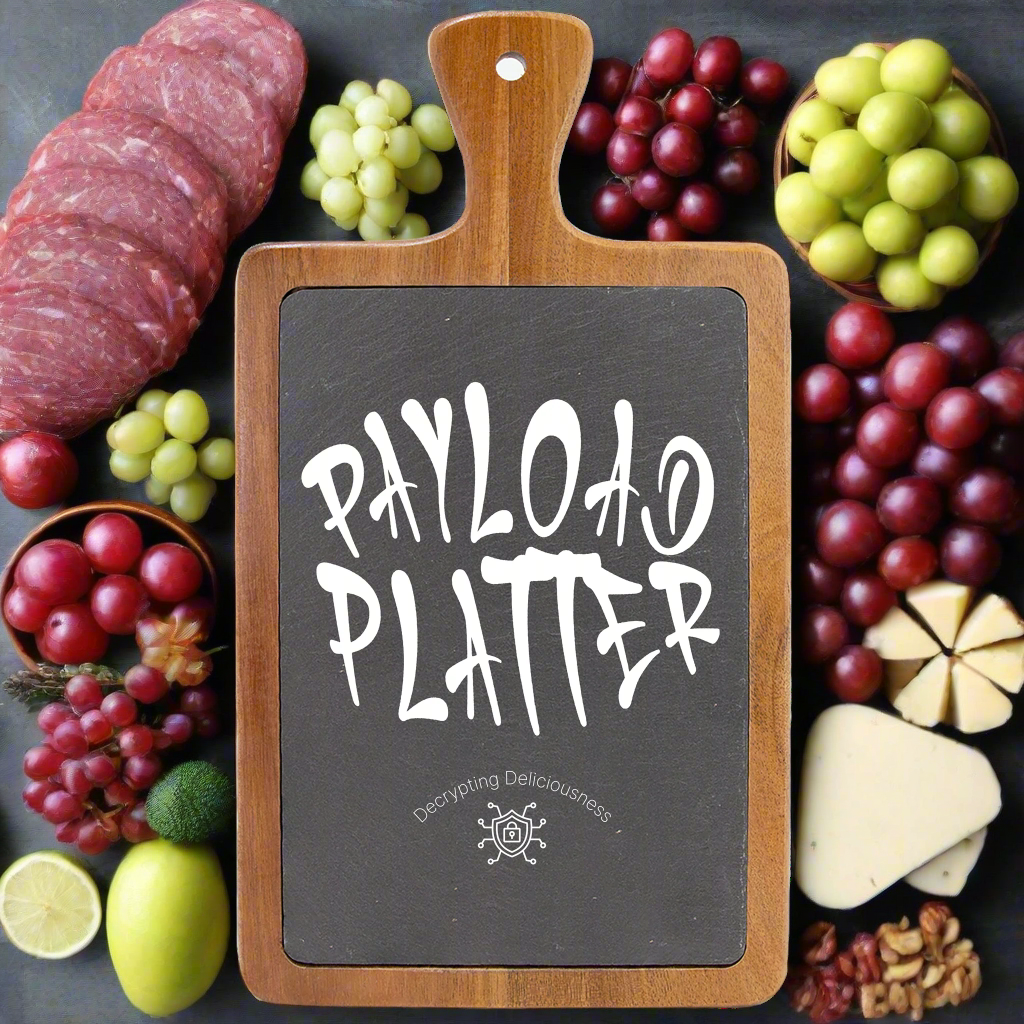 Wooden cutting board with black chalkboard surface and 'PAYLOAD PLATTER' text.
