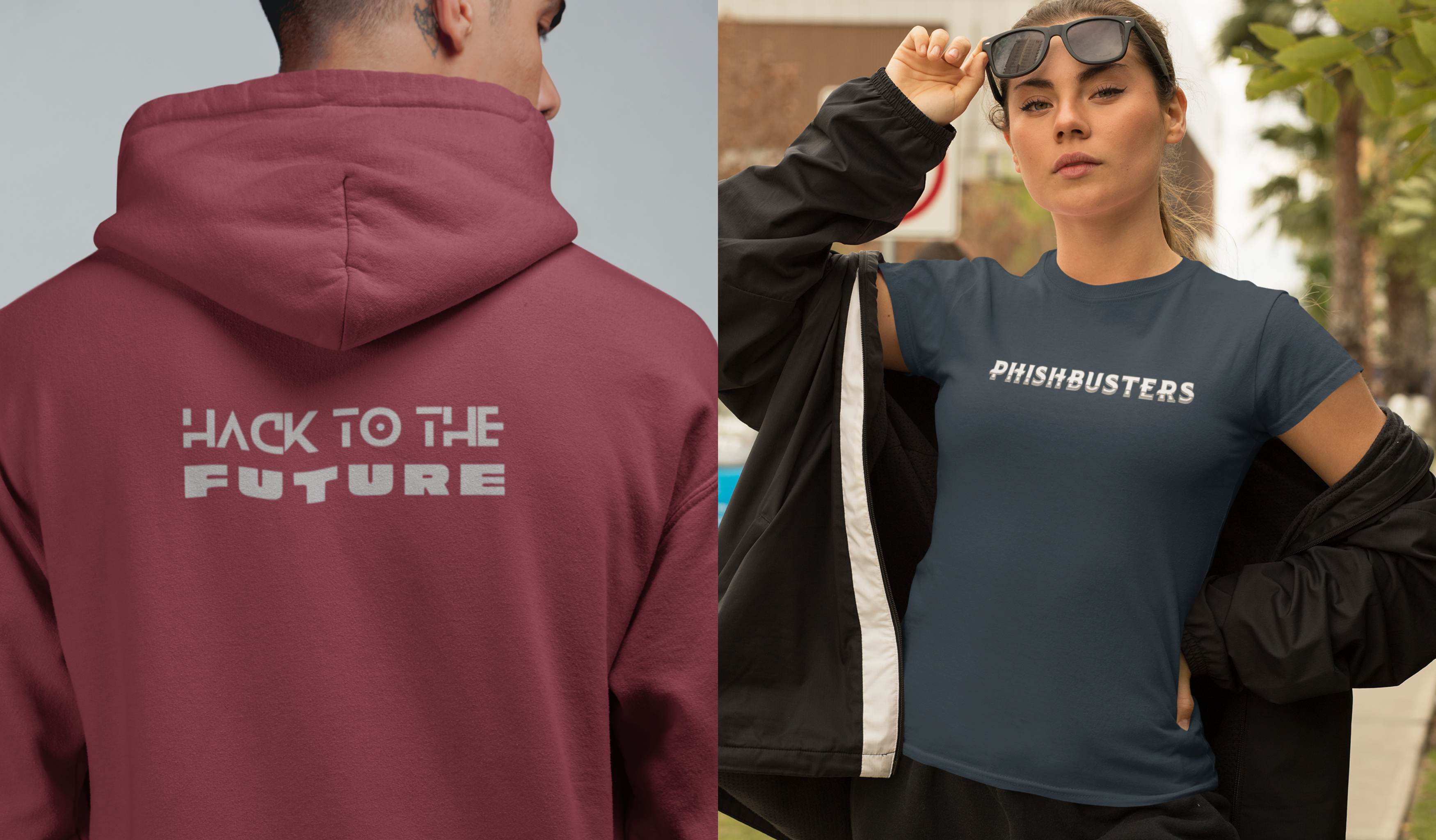 Maroon hoodie with 'Hack to the Future' text on the back, and a person wearing a blue 'Phishbusters' shirt outdoors.